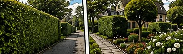 Gepflegter Weg entlang einer geschnittenen Hecke